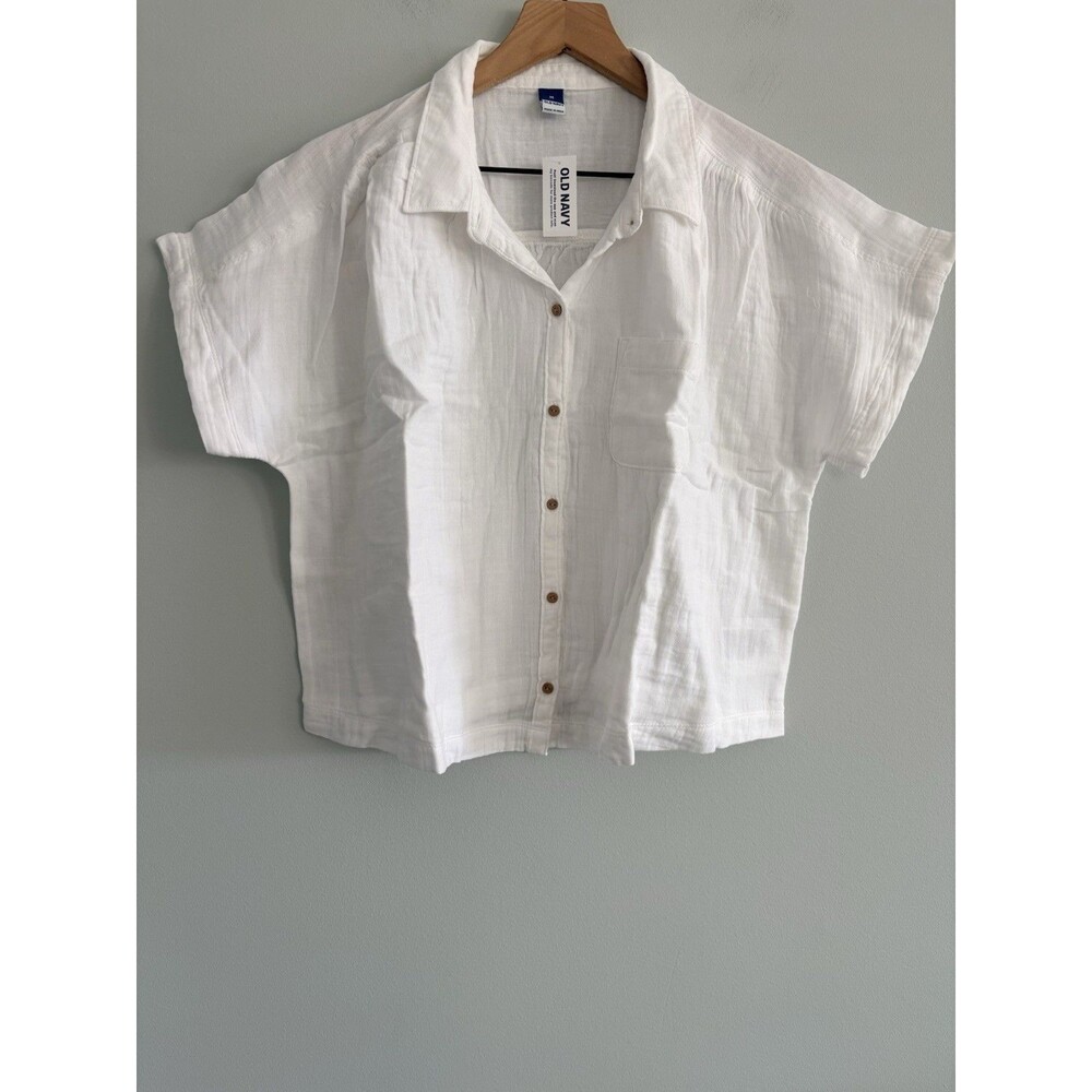 Old Navy Gauze Camp Shirt Medium White Cotton Button Front Boho Pocketed